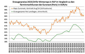 Marktgrafik: Vergleich Terminmarktkurse für Raps mit den regionalen Erzeugerpreisen