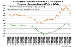 Marktgrafik: Vergleich Terminmarktkurse für Weizen mit den regionalen Erzeugerpreisen